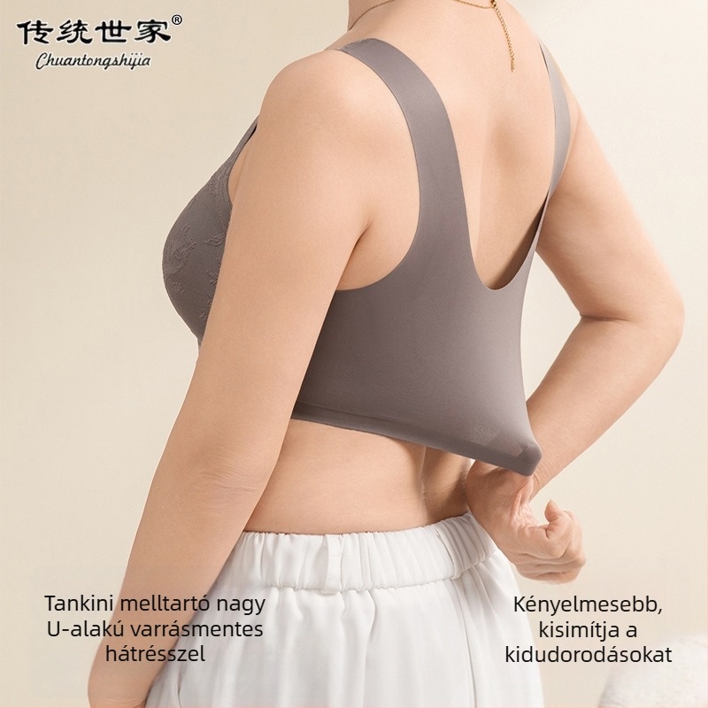 Kínai stílusú reliefes elöl záródó női melltartó, push-up, anti-sagging, mellény-stílus, nagy méret