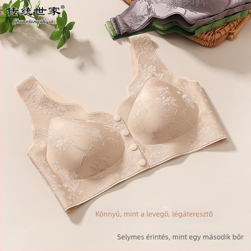 Kínai stílusú reliefes elöl záródó női melltartó, push-up, anti-sagging, mellény-stílus, nagy méret
