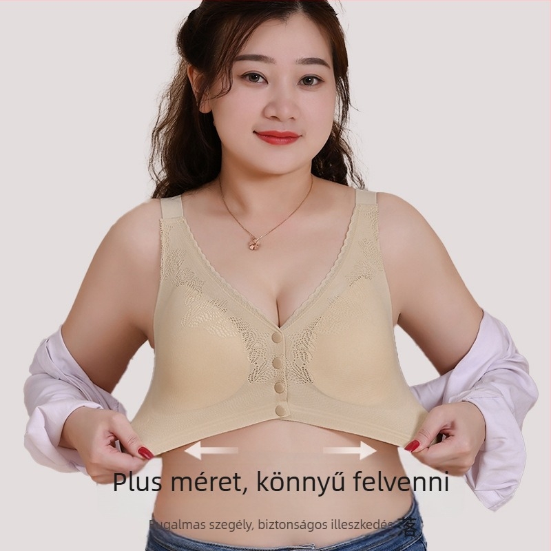 Pluszméretű melltartó középkorú és idősebb nőknek, elöl kapcsos zárás, vezeték nélküli, sima hátsó dizájn, puha támasz