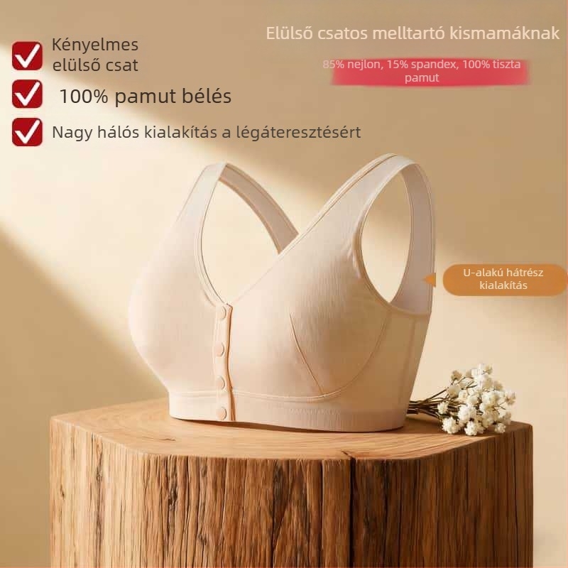Plusz méretű melltartó anyáknak és középkorú-idős nőknek, merevítő nélkül, elől záródó, mellény-stílus, pamut jacquard bélés, 3/4 kosár