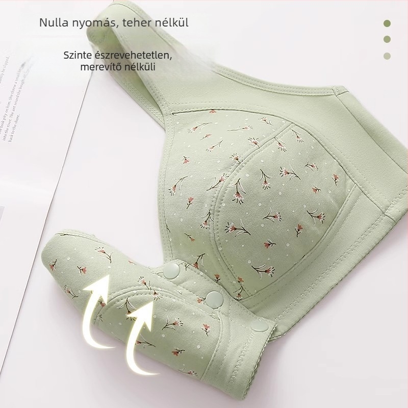 100% pamutból készült mintás melltartó középkorú nőknek, elől záródó, vékony formázott kosárral, drót nélküli