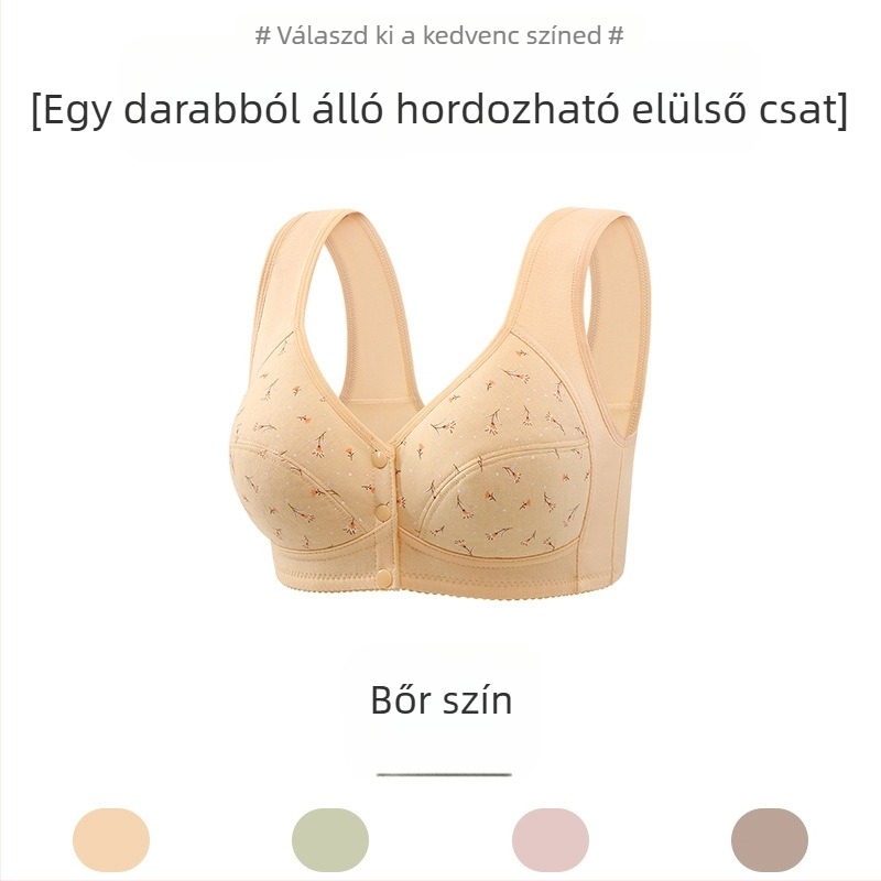 100% pamutból készült mintás melltartó középkorú nőknek, elől záródó, vékony formázott kosárral, drót nélküli