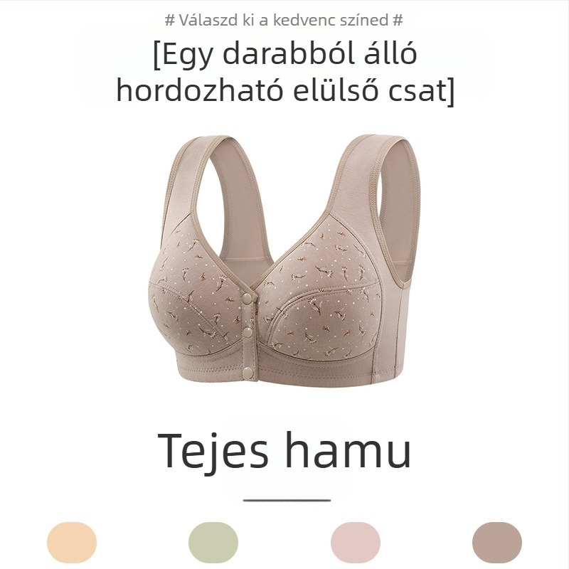 100% pamutból készült mintás melltartó középkorú nőknek, elől záródó, vékony formázott kosárral, drót nélküli