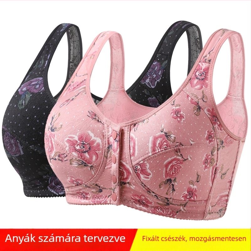 Drót nélküli pamut melltartó elülfő zárással, légáteresztő, vékony formázott kosár, állítható pántok