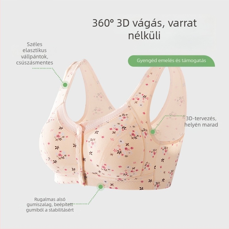 Pamut melltartó, acél nélküli, elől zárható, teljes kosár, vékony formázott kosár, rögzített dupla vállpántok