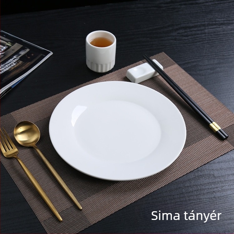 Fehér porcelán vacsora tányér – lapos, kerek Moonlight dizájn, steak-tányér, logóval