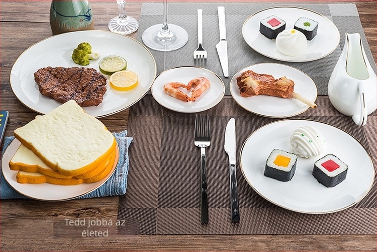 Porcelán nyugati stílusú kerek tányér kézzel festett felülettel, csíkos mintával