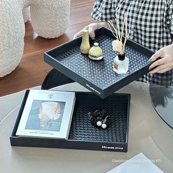 Bőr aromaterápiás tál bejárati tároláshoz — téglalap alakú, mintázat rattan fonat, könnyű luxus retro stílus, logó nyomtatás, testreszabás elérhető