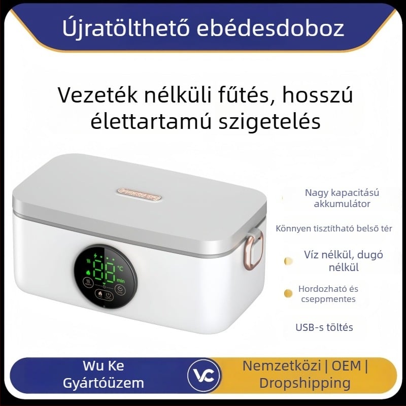 Vezeték nélküli elektromos ebédes doboz USB-töltéssel, 7,4V 45W, 1 L kapacitás, műanyag külső, 304 rozsdamentes acél belső