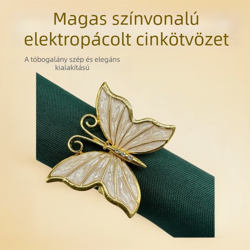 Szalvétagyűrűk cink ötvözetből, elektroplattolt felülettel, pillangó minta, könnyed luxus stílus, 360 darabos készlet