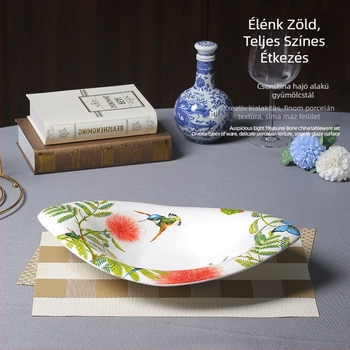Xiangfu csontporcelán mélytányér, hajó alakú, szabálytalan, virágos mintázat, intarziás felület, mikrohullámú sütőben használható