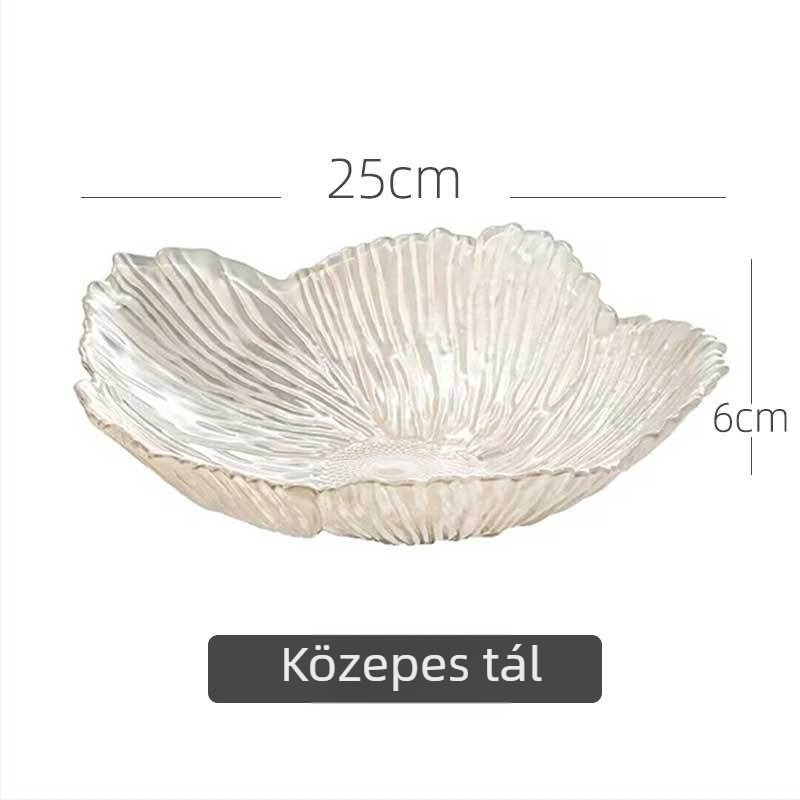 Üvegből készült gyümölcstál, virág alakú, szabálytalan formájú, könnyed luxus stílus, matt máz