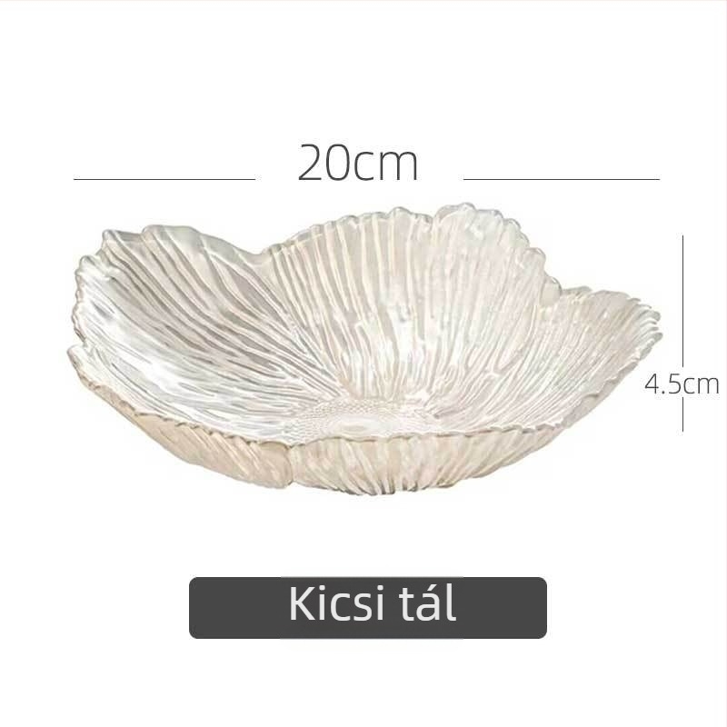 Üvegből készült gyümölcstál, virág alakú, szabálytalan formájú, könnyed luxus stílus, matt máz