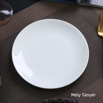 Porcelán étkezési tál, kör alakú, lapos dizájn, mikróbarát, logó nyomtatás elérhető, testre szabható