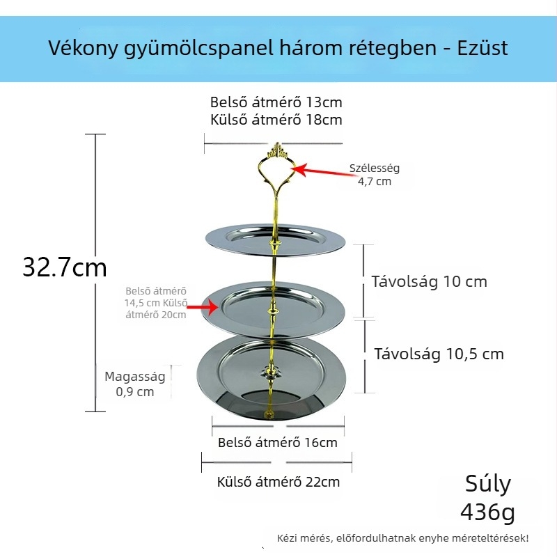 Rozsdamentes acélból készült kétszintes desszertállvány kör alakú gyümölcstálcával, modern egyszerű stílus