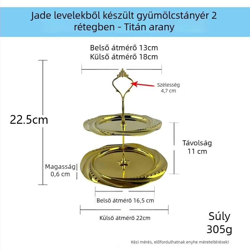 Rozsdamentes acélból készült kétszintes desszertállvány kör alakú gyümölcstálcával, modern egyszerű stílus