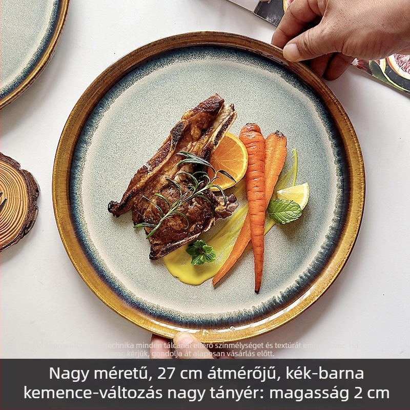 Kerámia étkezési tányér nyugati ételekhez, retro stílus, al-glazúr felület, mikrohullámú sütőben használható, márka Wood Heart Porcelain Art Workshop