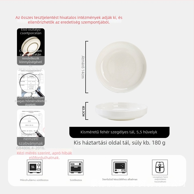 Csontporcelán tányér, kör alakú, több mint 45% csontpor, mikrohullámú sütőben használható, felület alatti glazúrral