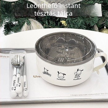 304 rozsdamentes acél ramen tál fedővel, japán stílusú, dupla réteg, drenázs funkcióval, kapacitás 800–1000 ml