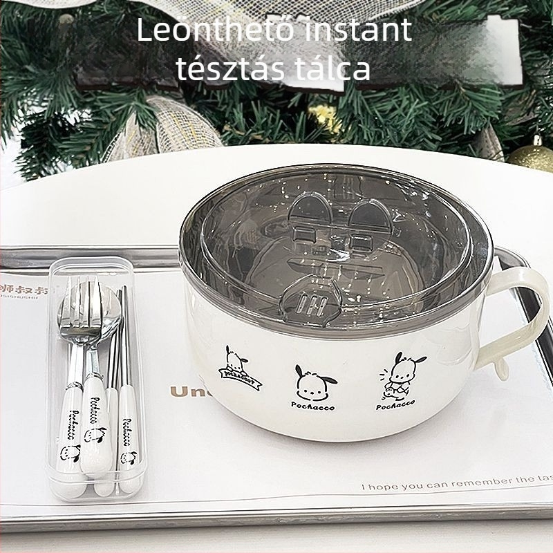 304 rozsdamentes acél ramen tál fedővel, japán stílusú, dupla réteg, drenázs funkcióval, kapacitás 800–1000 ml