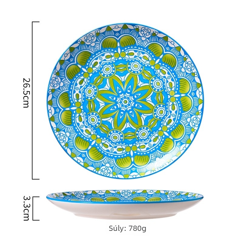 Porcelán lapos tányér, nordic stílusban, kör alakú, virágos mintával, mikrohullámú sütőben használható