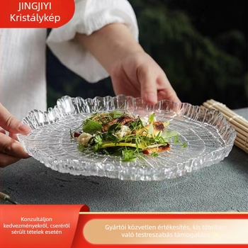Gyümölcs- és saláta tál — üveg, szabálytalan alak, modern minimalista stílus, felület éves gyűrűkkel (Lapos tál; Üveg; Szabálytalan alak; Modern minimalist stílus; Felület éves gyűrűkkel)