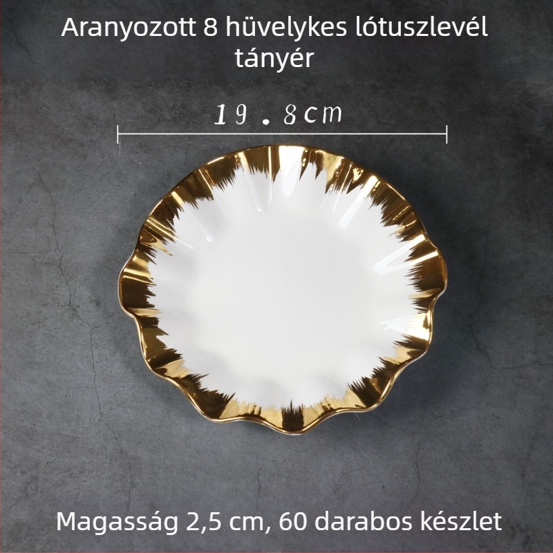 Porcelán lótuszleveles tál arany szegéllyel, nordikus stílus, elektroplakált felület