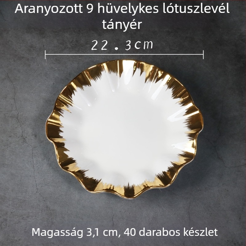 Porcelán lótuszleveles tál arany szegéllyel, nordikus stílus, elektroplakált felület