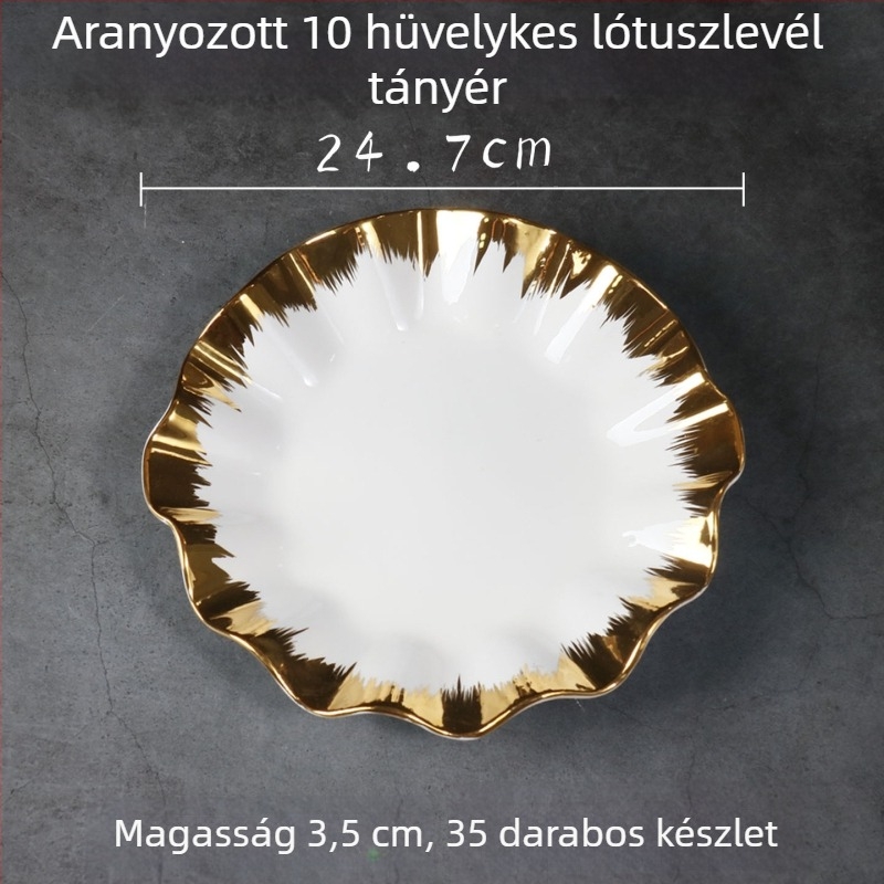 Porcelán lótuszleveles tál arany szegéllyel, nordikus stílus, elektroplakált felület
