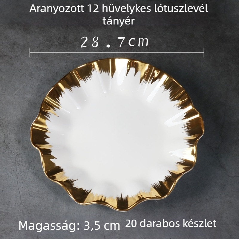 Porcelán lótuszleveles tál arany szegéllyel, nordikus stílus, elektroplakált felület
