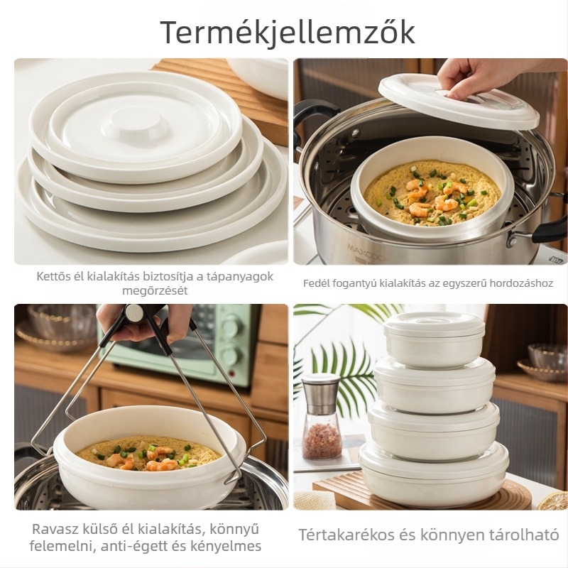 Porcelán gőzölő tál fedővel, tojás, leves és párolt hús számára — mikrohullámú sütőben használható, ajándékba kész, testre szabható