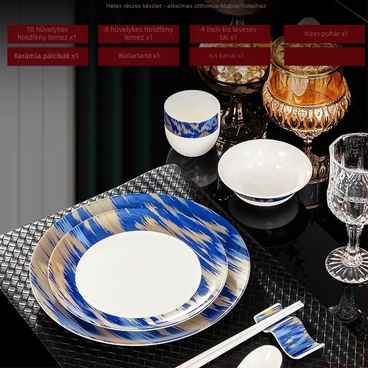 Hotel étkezési készlet csontporcelánból, Jingdezhen, aranyszegély, 2 készlet, tartalmaz tálakat, tányérokat, csészéket, kanálokat, evőpálcika tartókat és evőpálcikákat