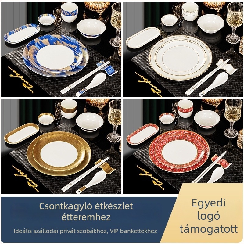Hotel étkezési készlet csontporcelánból, Jingdezhen, aranyszegély, 2 készlet, tartalmaz tálakat, tányérokat, csészéket, kanálokat, evőpálcika tartókat és evőpálcikákat