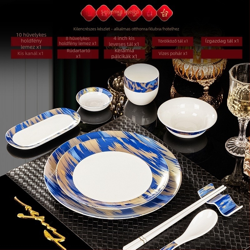 Hotel étkezési készlet csontporcelánból, Jingdezhen, aranyszegély, 2 készlet, tartalmaz tálakat, tányérokat, csészéket, kanálokat, evőpálcika tartókat és evőpálcikákat