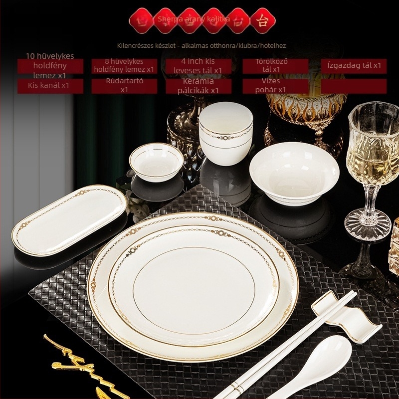 Hotel étkezési készlet csontporcelánból, Jingdezhen, aranyszegély, 2 készlet, tartalmaz tálakat, tányérokat, csészéket, kanálokat, evőpálcika tartókat és evőpálcikákat
