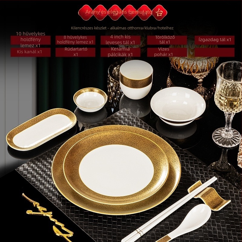 Hotel étkezési készlet csontporcelánból, Jingdezhen, aranyszegély, 2 készlet, tartalmaz tálakat, tányérokat, csészéket, kanálokat, evőpálcika tartókat és evőpálcikákat