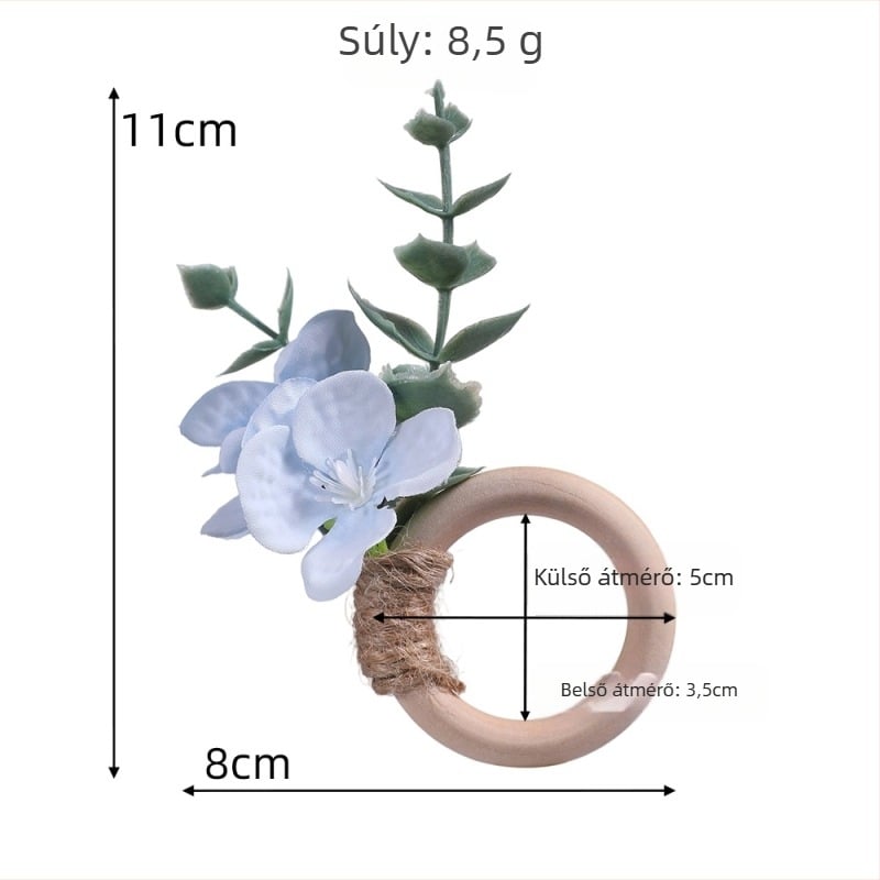 Bohemi hortenzia szalvétagyűrűk mesterséges levelekkel és eukaliptusszal, kézzel készített, nyugati stílusú; 6 darabos készlet