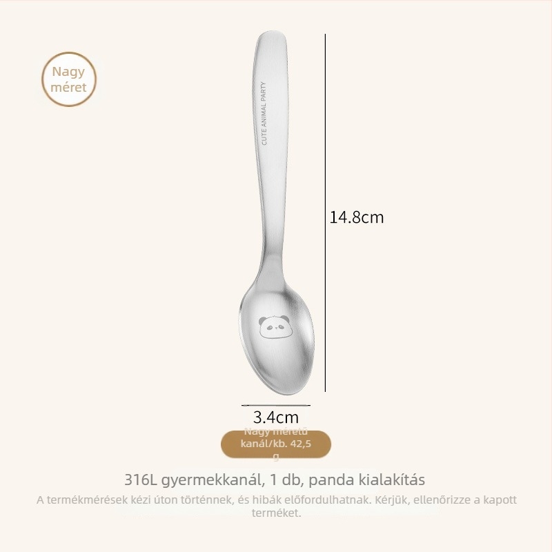 Gyerekeknek szóló kanál, rozsdamentes acél, panda dizájn, tükrös felülettel