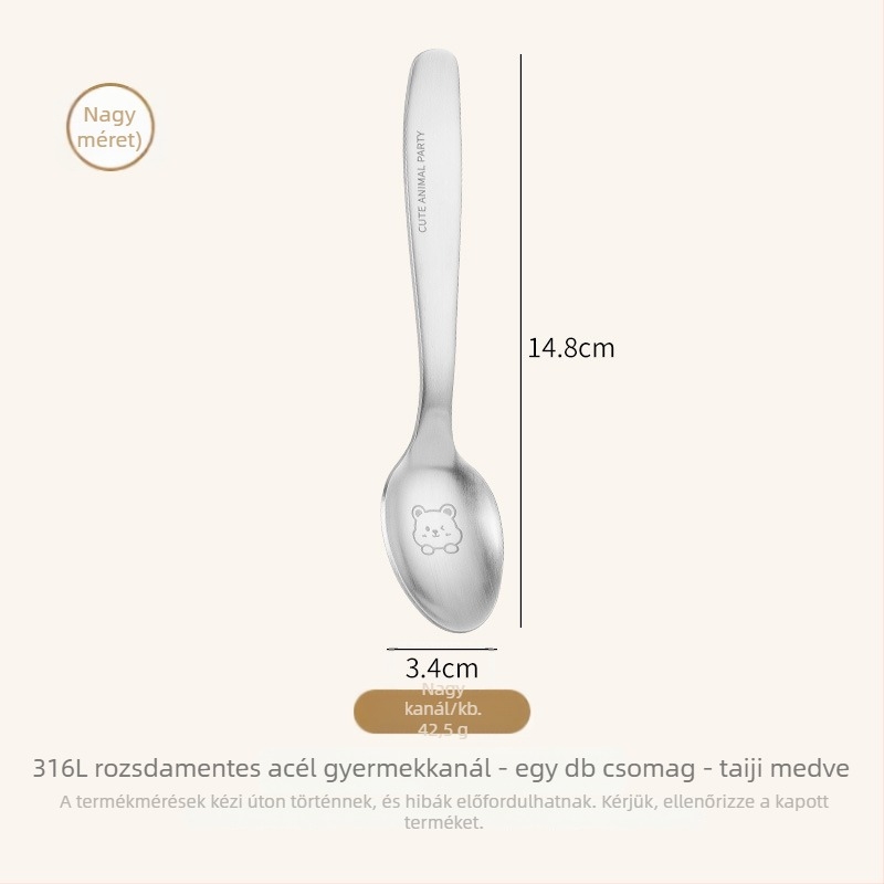 Gyerekeknek szóló kanál, rozsdamentes acél, panda dizájn, tükrös felülettel