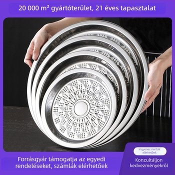 Fedeles, 304 rozsdamentes acélból készült lapos tál, kör alakú, virágmintás, elektroplatázott felület; ideális hotelben történő tálaláshoz étel és ital
