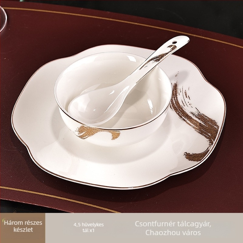 Csontporcelánból készült szállodai étkészlet (>36% csontporcelán), könnyed luxus stílus, testreszabható, logónyomtatás, kategória: szállodai asztali készlet