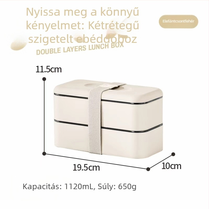 304 rozsdamentes acél ebédhordó, mikrózható, zárható, nagy kapacitású, két rétegű ebédes doboz evőeszközökkel