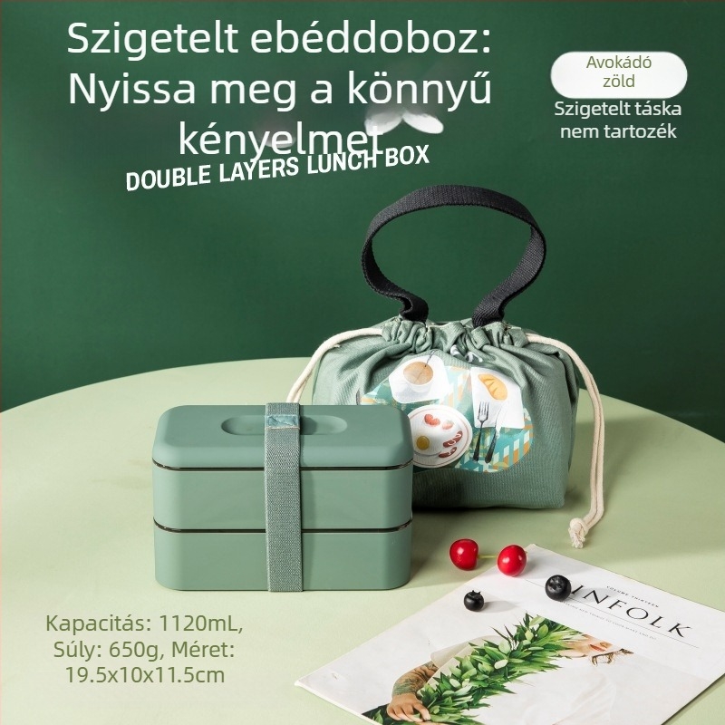 304 rozsdamentes acél ebédhordó, mikrózható, zárható, nagy kapacitású, két rétegű ebédes doboz evőeszközökkel