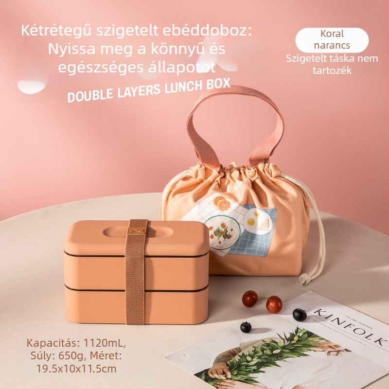 304 rozsdamentes acél ebédhordó, mikrózható, zárható, nagy kapacitású, két rétegű ebédes doboz evőeszközökkel