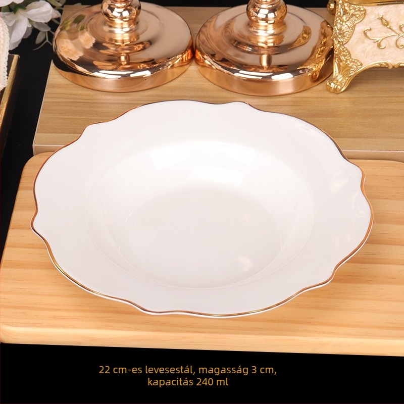 Csontporcelánból készült lapos tányér arany perimmel és lotusz formájú élekkel, modern minimalist dizájn, tészta és steak ételekhez