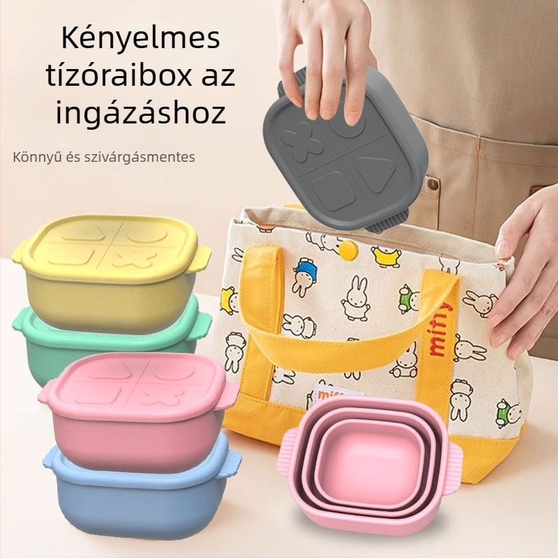 Szilikon ebéddoboz, négyzet alakú, szigetelt, mikrohullámú sütőben használható, modern minimalista stílusú, több rétegű Bento doboz