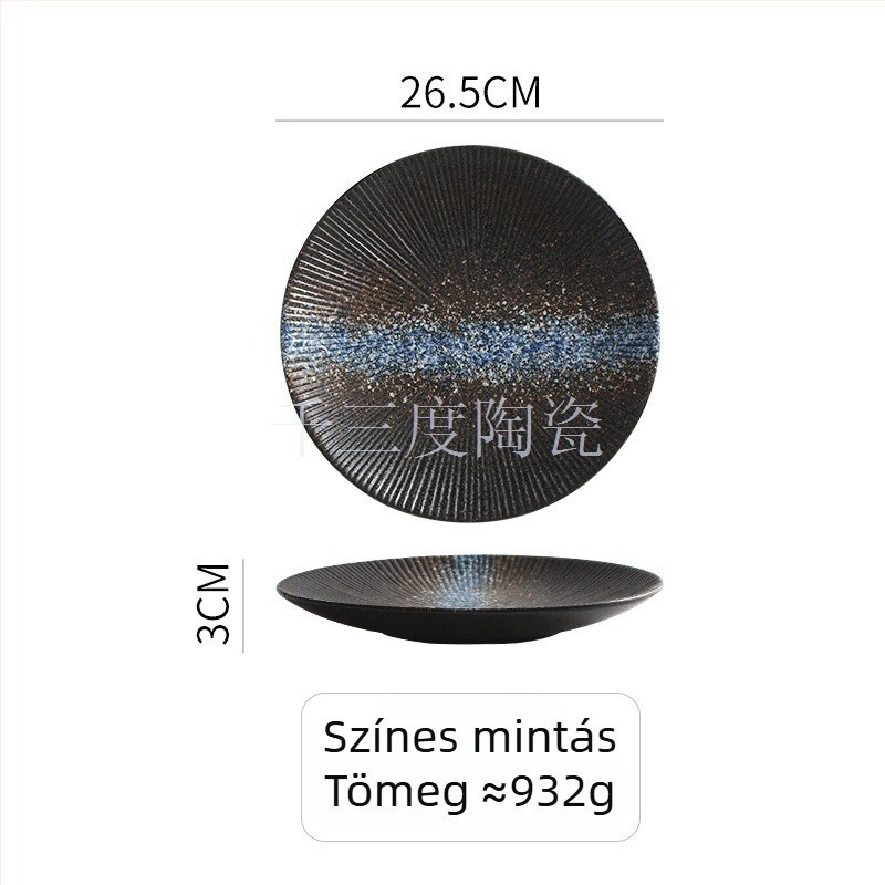Kerek porcelán vacsoratányér, aláglazúros vonalas mintával, mikrohullámú sütőben használható, könnyű luxus retro stílus — Thousand Three Degrees