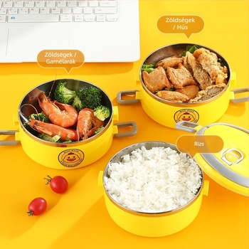 Kis sárga kacsa mintájú szigetelt rozsdamentes acél ebédes doboz, három részes, zárható, hordozható, aranyos stílus