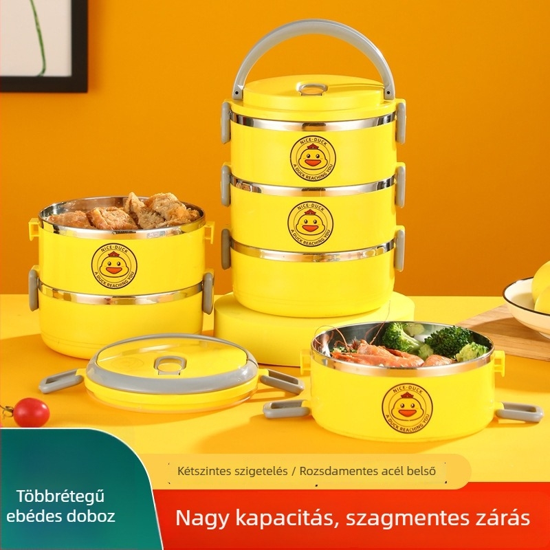 Kis sárga kacsa mintájú szigetelt rozsdamentes acél ebédes doboz, három részes, zárható, hordozható, aranyos stílus
