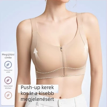 Elöl cipzáros, seamless melltartó nagy méretekhez, drót nélküli, könnyű, tartást ad, megelőzi a lecsúszást, vizuálisan kisebbnek mutatja a kebleket